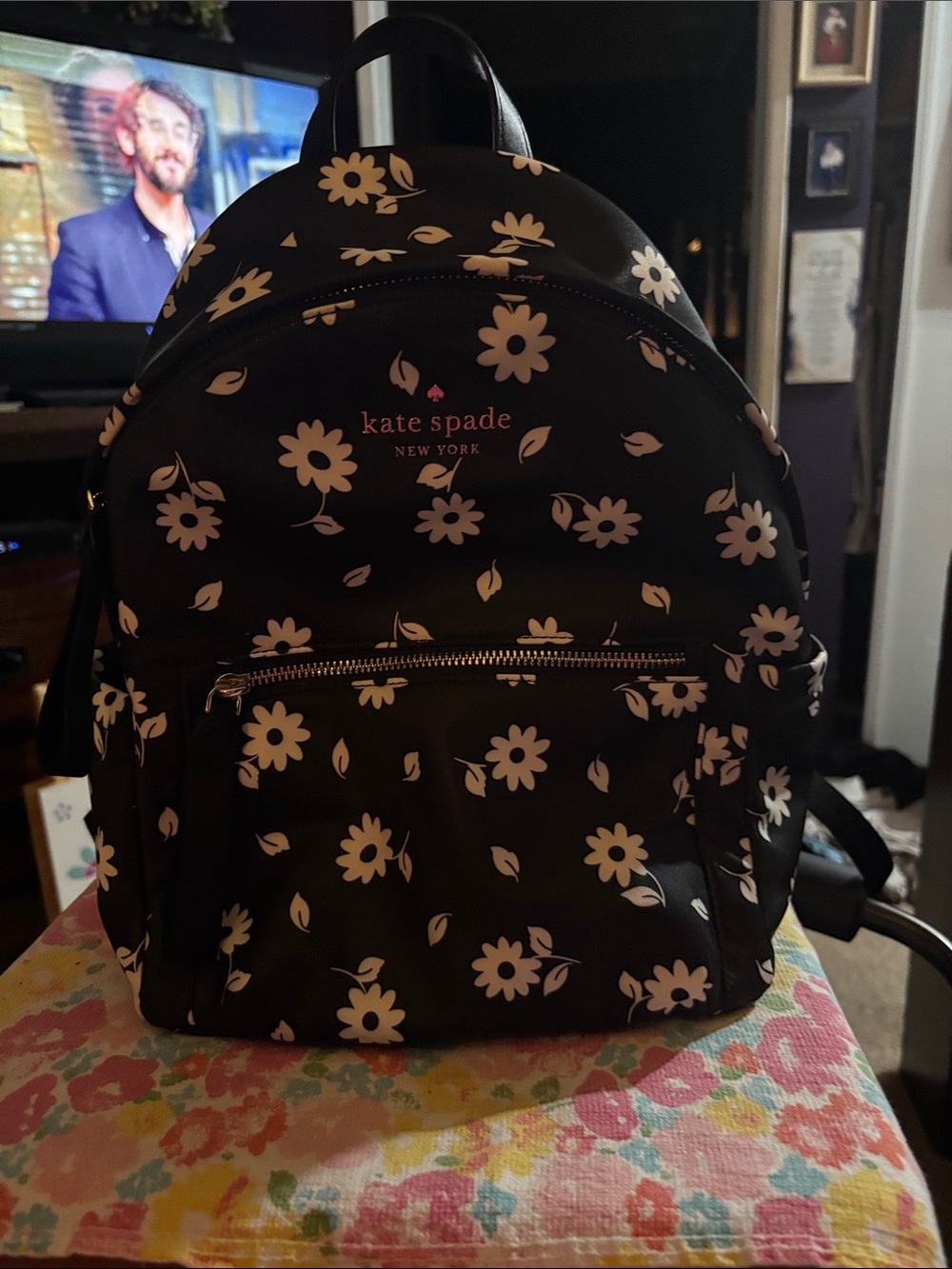 kate spade Black Floral Mini Backpack with White Daisy Print